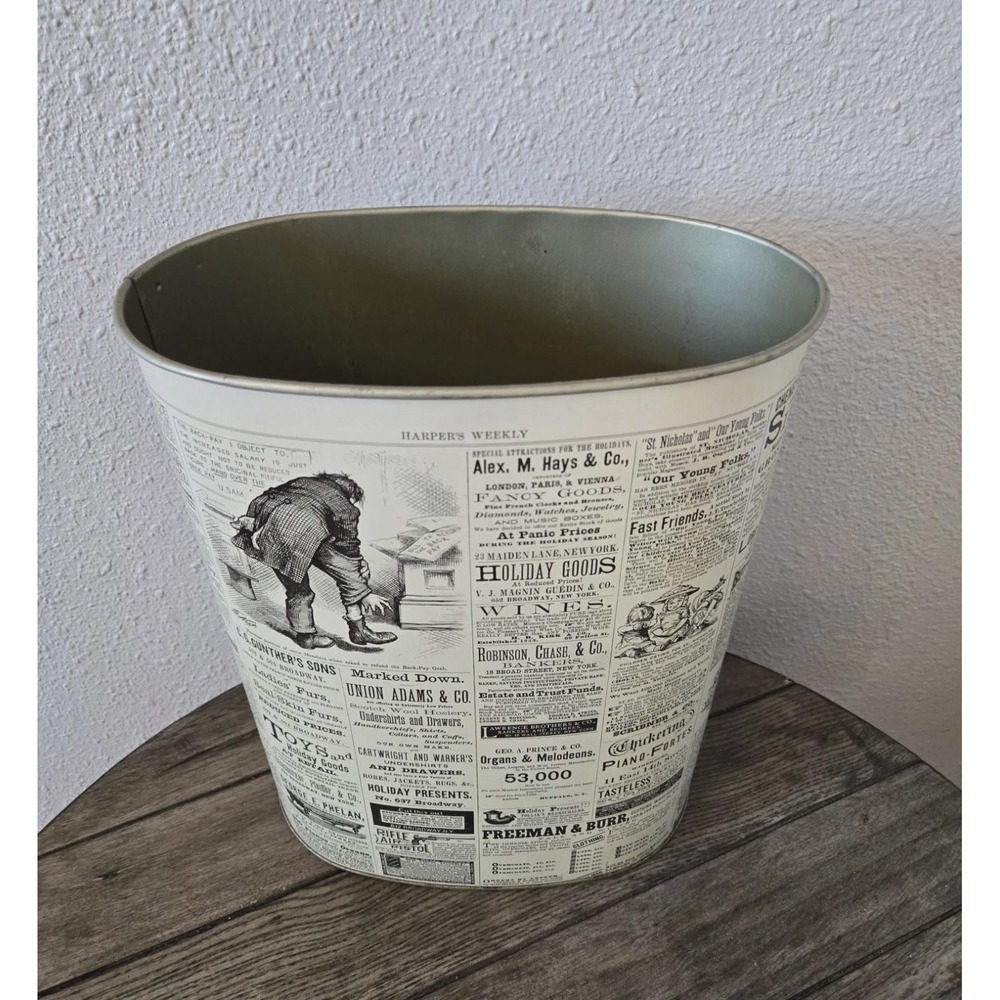 Vintage Cheinco Metal Wastebasket Trash Can Harper's Weekly Newsprint Motif 13"